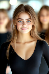 Obraz premium A woman with long brown hair and blue eyes is smiling for the camera. She is wearing a black dress and she is posing for a photo