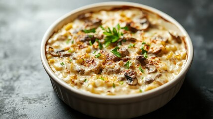 Creamy beef stroganoff with mushrooms and egg noodles served in a deep dish, perfect comfort food. Copy space.