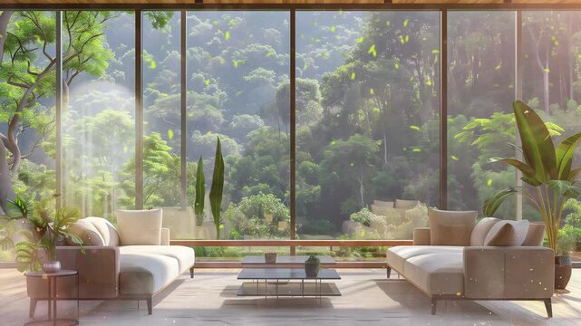 living room in home and beautiful nature view seamless looping overlay 4k virtual video animation background
