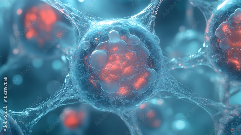 Poster close-up of a translucent cell with internal structures and a web-like membrane