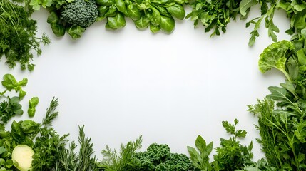 Obraz premium fresh green vegetables and herbs border on white background. 