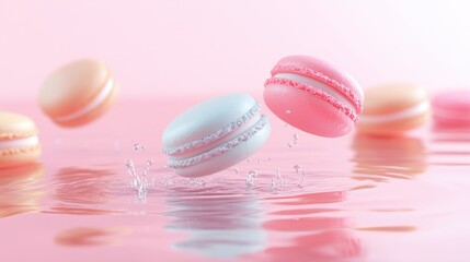 Obraz premium Delicious, colorful macarons floating in a whimsical arrangement, set on a pastel background.