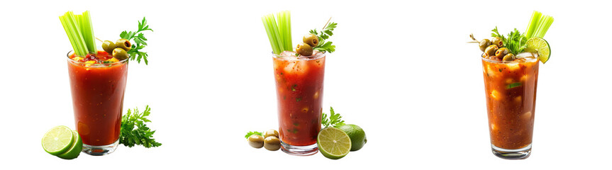 Bloody Mary cocktails with celery and olives isolated on transparent PNG background perfect for brunch menus or cocktail-themed designs
