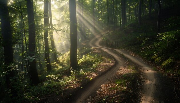 A mountain biking trail winding through a dense forest with sunlight filtering through the trees emphasizing the adventurous side of recreation - Powered by Adobe