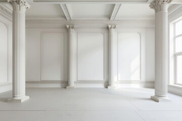 White room with antique pillars flooring indoors interior design.