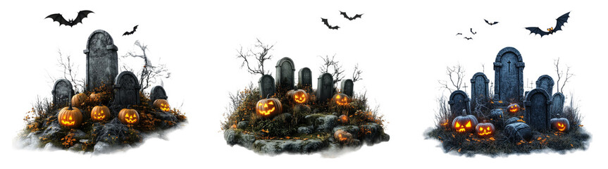 Halloween graveyard scene with pumpkins and bats isolated on transparent PNG background ideal for spooky designs or Halloween decorations
