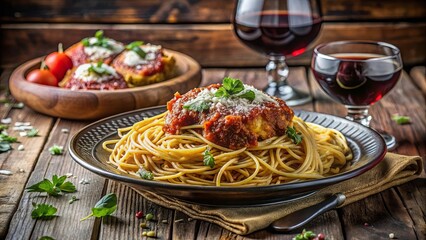 A plate of spaghetti with a meatball covered in tomato sauce and sprinkled with cheese, set on a rustic wooden table with glasses of red wine and a side dish of breaded meatballs