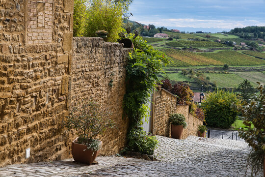 Beaujolais,France - October 7, 2024: Oingt, one of the most beautiful villages in Beaujolais, France
