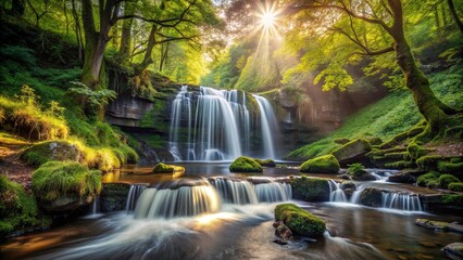 A cascading waterfall glistens in the sunlight as it flows over moss-covered rocks in a lush, verdant forest.