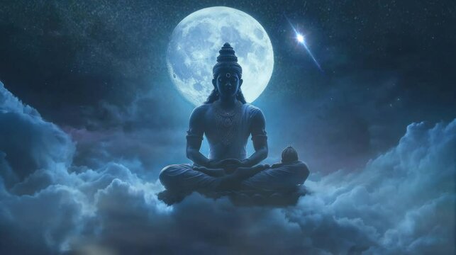 The god who is meditating on the night of the full moon keeps the earth and everything in it in good condition. seamless looping time-lapse virtual 4k video Animation Background.