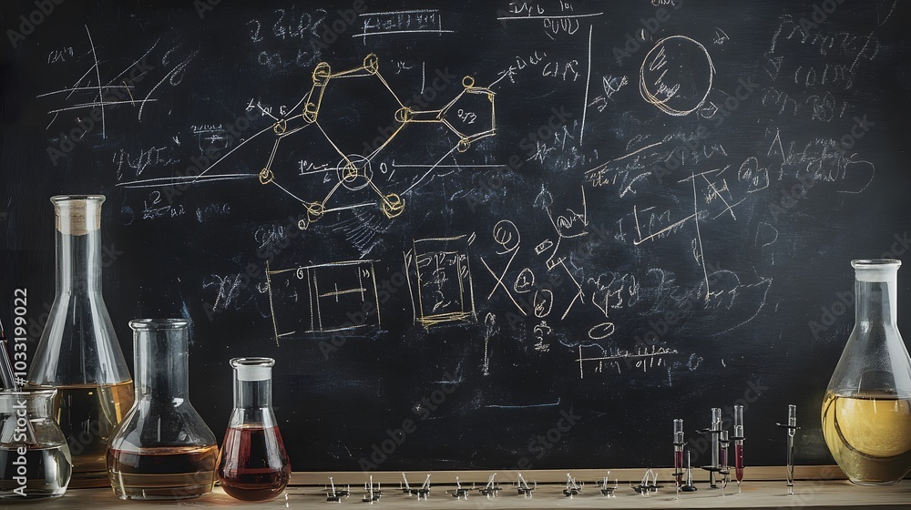 Poster chemistry lab setup with flasks and test tubes against a chalkboard background
