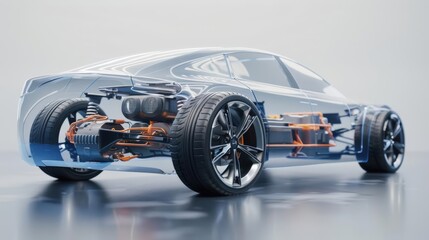 Visualize the next generation of transportation with a dynamic 3D model of an electric car, emphasizing its ecofriendly components
