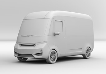 Clay rendering of Electric Delivery Van on gray background. Generic design. 3D rendering image.