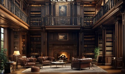 A luxurious, wood-paneled library with leather chairs.