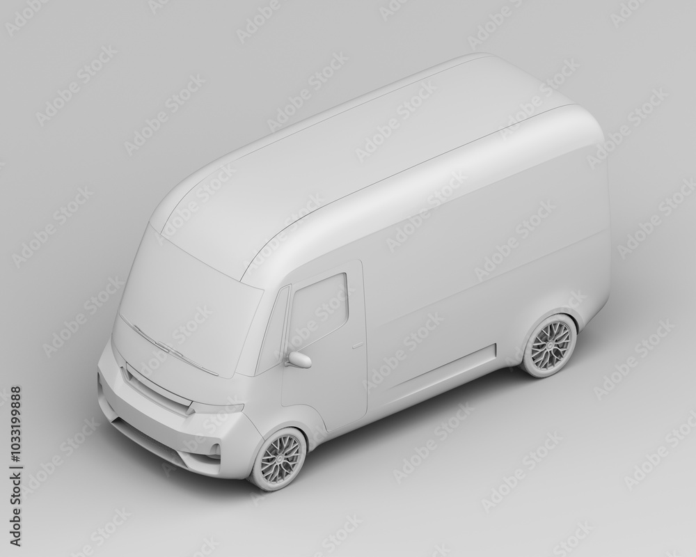 Poster clay rendering of electric delivery van on gray background. isometric view. 3d rendering image.