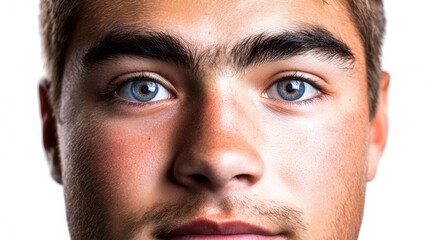 Fototapeta premium Detailed close-up portrait of a young man with bright blue eyes, thick eyebrows, light stubble, and natural skin texture on a white background.