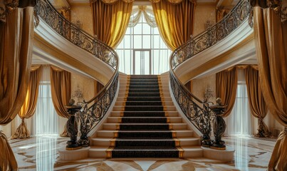 Grand staircase with ornate railing and gold curtains.