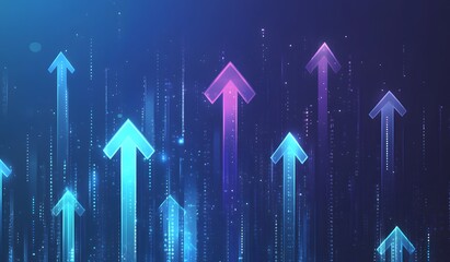 Abstract background with glowing blue arrows pointing upwards, symbolizing growth and success in business or public transport industry on a dark blue background. 