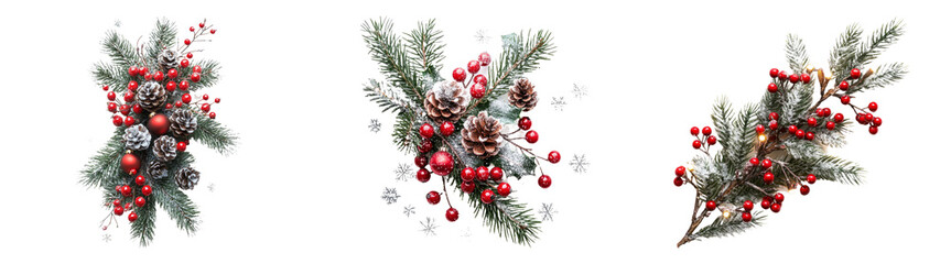 Christmas pine and berry decorations isolated on transparent PNG background perfect for holiday designs or festive decorations