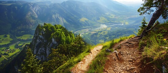 A scenic hiking trail leading up a mountain with stunning views of valleys and forests capturing the adventure and beauty of hiking