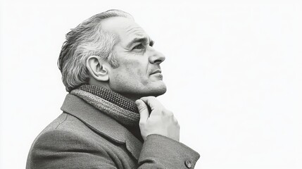 Obraz premium Black-and-white portrait of an older man gazing upward with a thoughtful expression, wearing a coat and scarf.