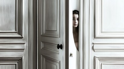 A woman cautiously peers through a narrow opening in a white door, creating a sense of curiosity, secrecy, or tension.