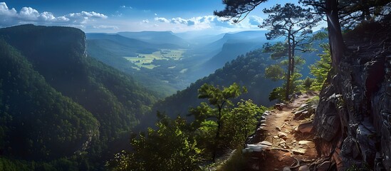 A scenic hiking trail leading up a mountain with stunning views of valleys and forests capturing the adventure and beauty of hiking