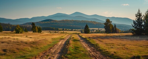 A scenic horse riding trail through open fields and forests with the path leading towards distant mountains under a clear sky