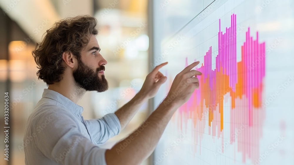 Poster businessman analyzing data on interactive display