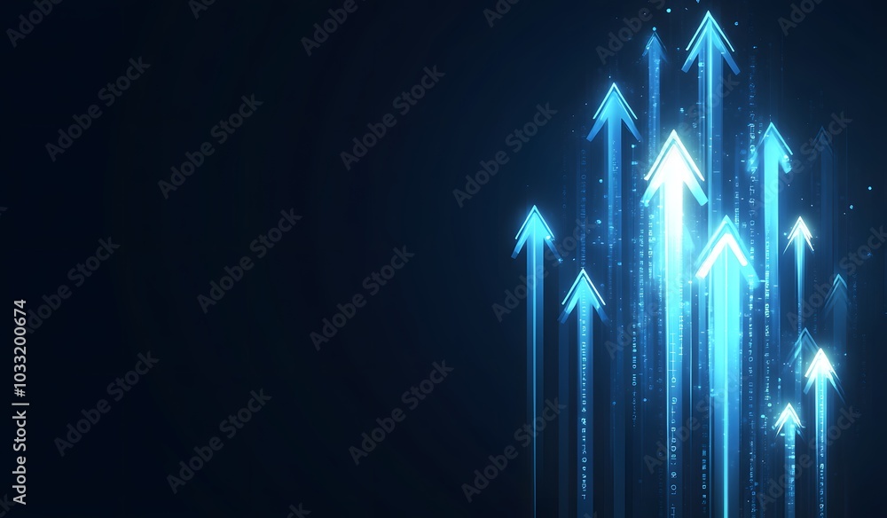 Poster abstract background with glowing blue arrows pointing upwards, symbolizing growth and success in bus