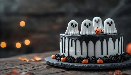 Halloween cake with ghost decorations on a rustic wooden table.