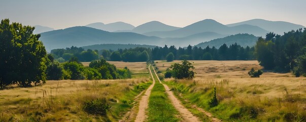 A scenic horse riding trail through open fields and forests with the path leading towards distant mountains under a clear sky