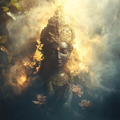 Mystical Buddha Statue in Ethereal Surroundings