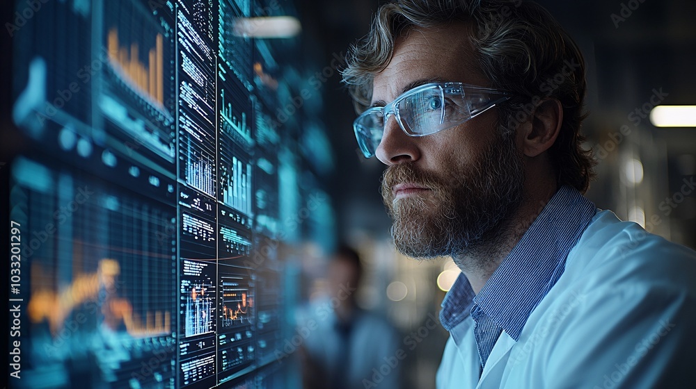 Poster data analyst examining charts and graphs on a large monitor screen