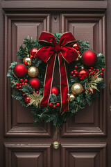 A classic Christmas wreath with red bow and red and gold decor on a brown door. AI generative