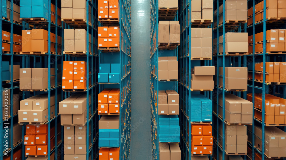 Poster a warehouse filled with neatly stacked boxes on blue shelving, showcasing an organized inventory lay