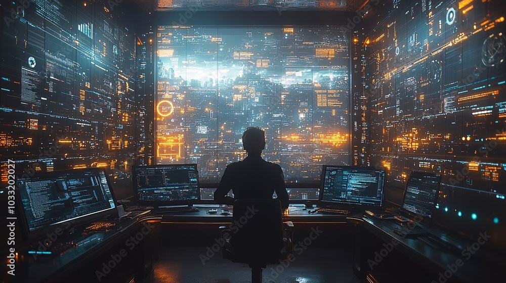 Poster hacker working at night in front of multiple screens with cityscape view