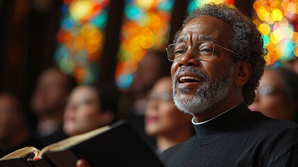 Fototapeta premium African American Man Singing in Church Choir with Hymn Book