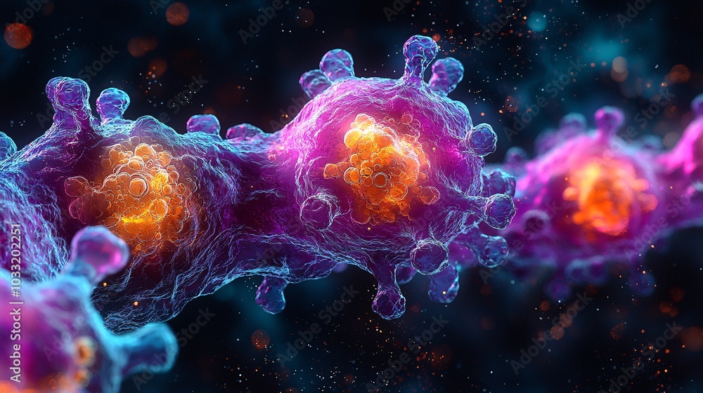 Poster 3d abstract virus cell with neon glow and bokeh effect