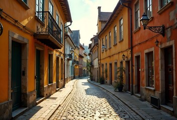 Obraz premium Vibrant Cobblestone Street with Colorful Historic Buildings in Charming Urban Setting