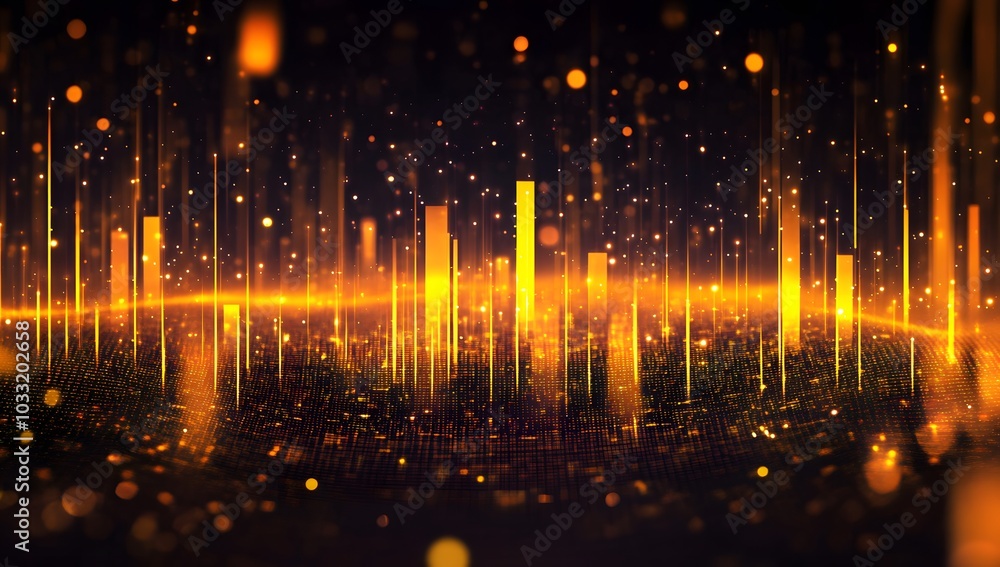 Poster abstract background with glowing orange and yellow elements of audio wave, bar graph or line chart o