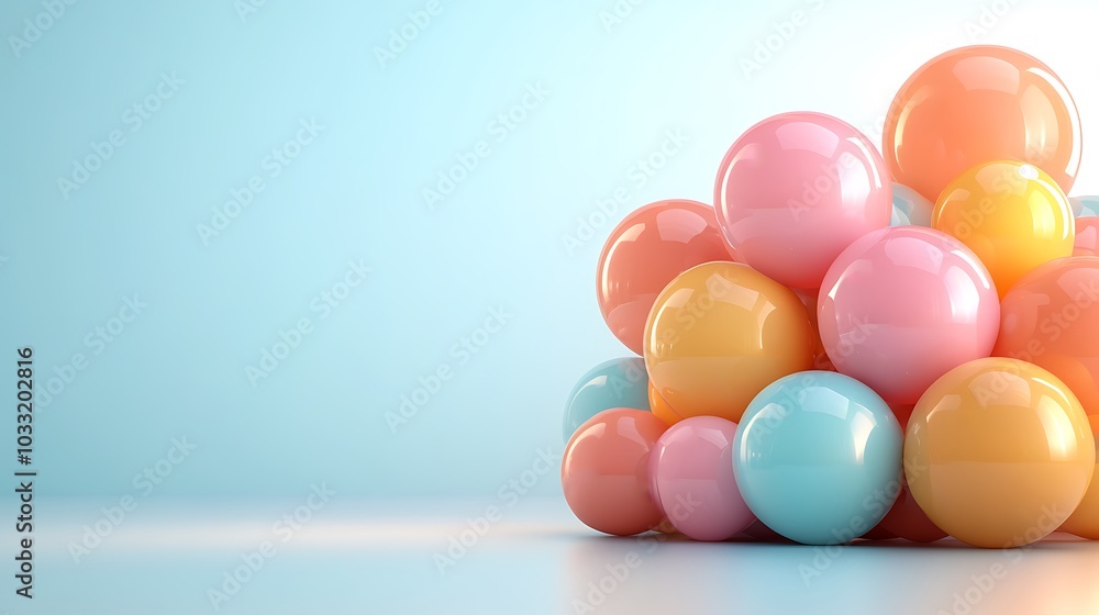 Poster colorful bubbles piling up in a soft pastel scene a playful display of sphere shapes and vibrant hue