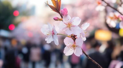 A close-up of a delicate cherry blossom branch, pink and white petals in perfect focus against a blurred background of a bustling Hanami festival.