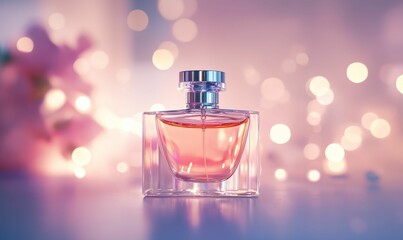 Perfume bottle on pink bokeh background.