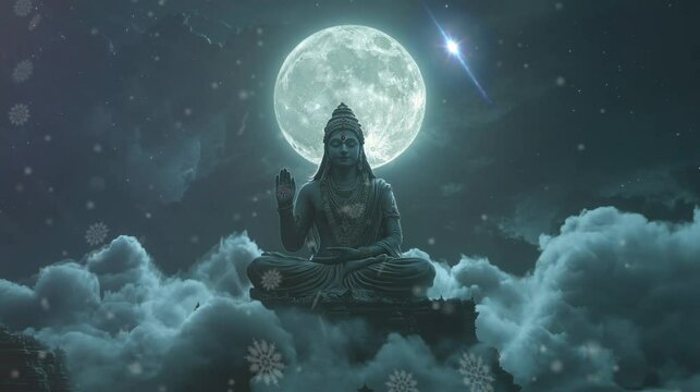 a god who was meditating above the clouds on a beautiful full moon night. Latar Belakang Animasi video 4k virtual selang waktu perulangan yang mulus.