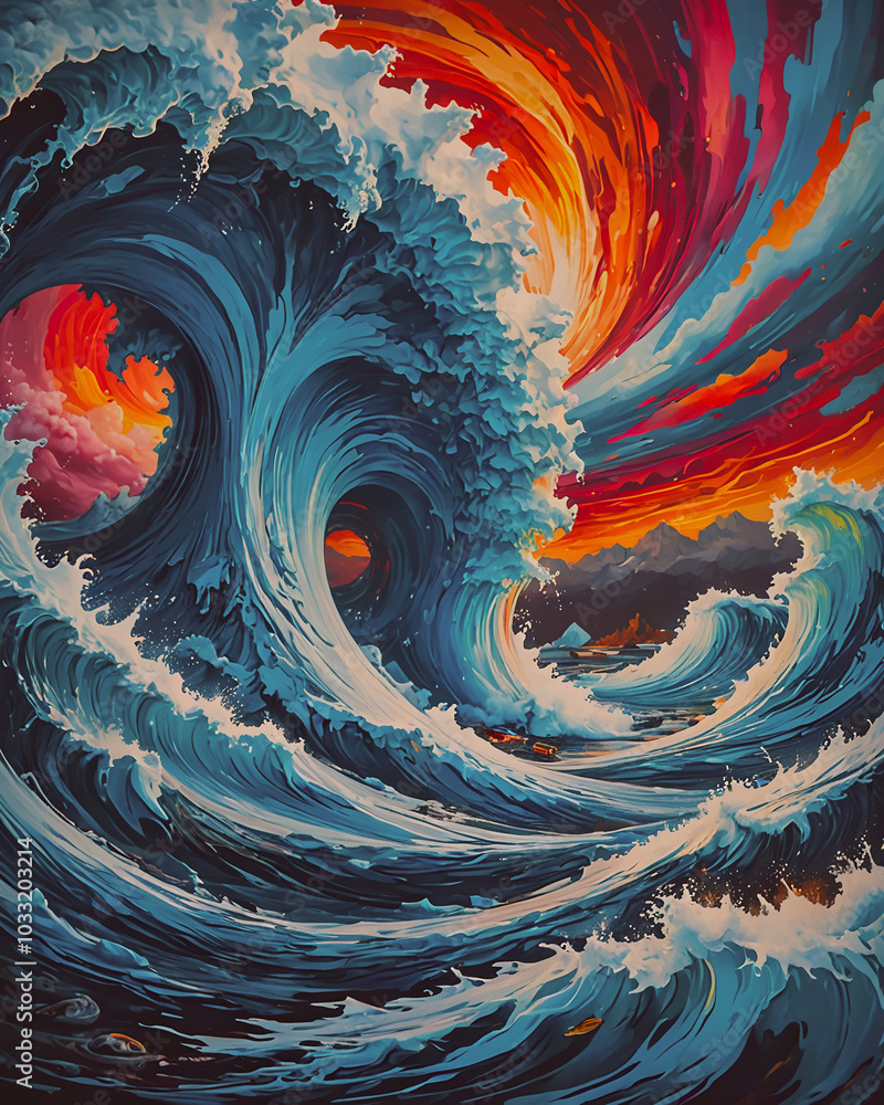 Poster abstract background with blue and orange waves, computer-generated image
