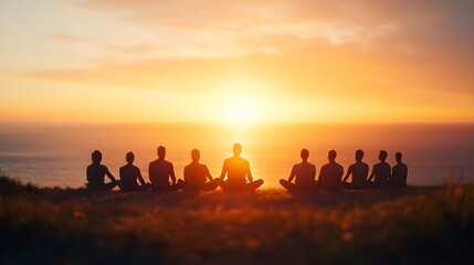 Fototapeta premium A group of meditators in a circle by the ocean, the first light of dawn illuminating the scene in soft orange hues, creating a peaceful and introspective moment