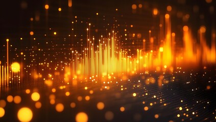 Abstract background with glowing orange and yellow elements of audio wave, bar graph or line chart on black background.