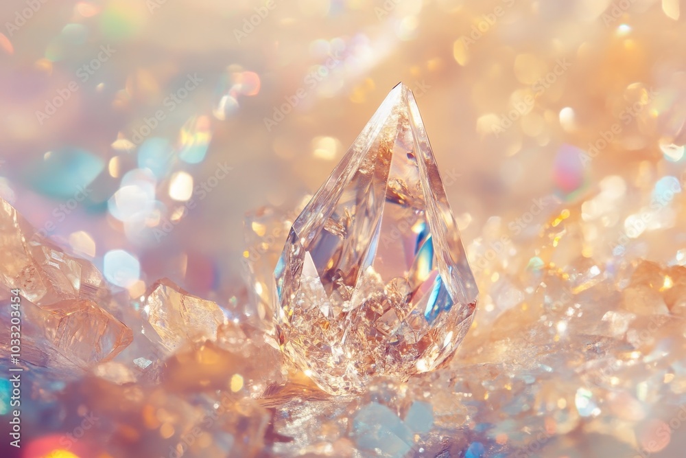 Poster a single, clear quartz crystal sits atop a bed of smaller crystals, bathed in a soft, iridescent lig