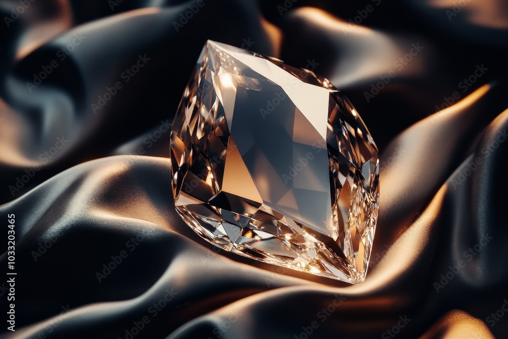 Poster a large, clear, faceted diamond with sharp angles and brilliant facets is lying on a black satin fab